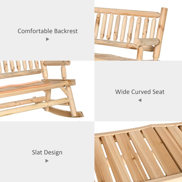 Natural wood rocking loveseat details: slat backrest and curved bench seat