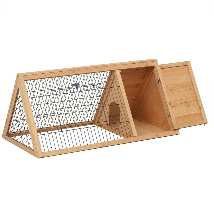 Brown wooden small animal hutch with wire mesh front and side opening door