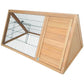 Brown wooden rabbit hutch with open side access panel and wire mesh enclosure