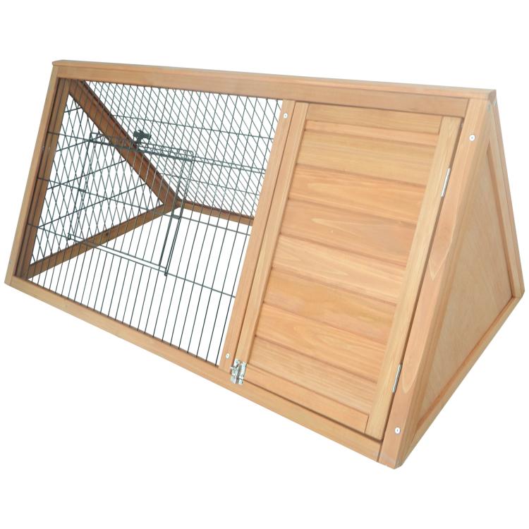 Brown wooden rabbit hutch with open side access panel and wire mesh enclosure