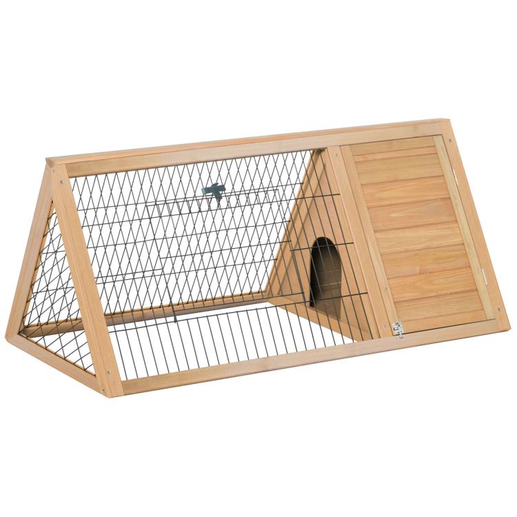 Brown outdoor rabbit hutch with wire mesh and sliding door, raised wooden base