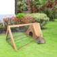 Brown wooden rabbit hutch with wire mesh front panel and side entry door