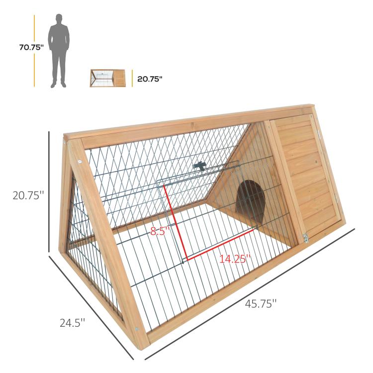 Rabbit hutch with wire mesh front, hinged door, and wooden insulated interior