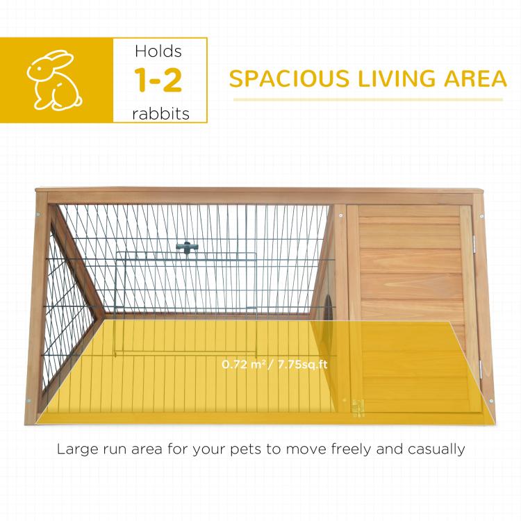 Brown wooden rabbit hutch with wire mesh enclosure and side compartment door