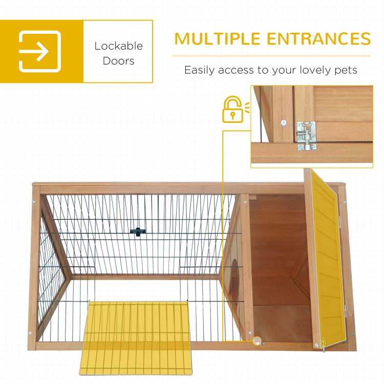 Rabbit hutch with multiple entry doors, wire mesh front, and wooden side panel