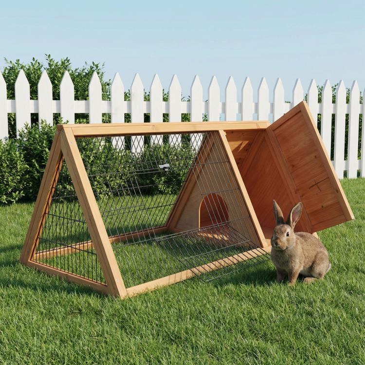 Brown wooden rabbit hutch with wire mesh run and hinged side door