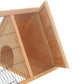 Close-up of brown wooden hinged door for wire mesh rabbit hutch