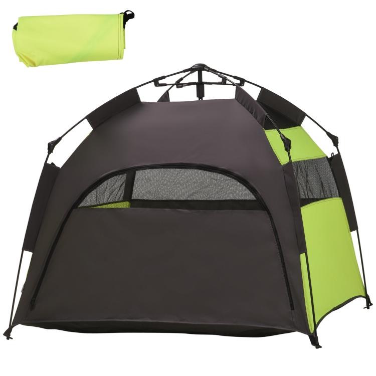 Portable green and black pet camping tent with mesh panels and open front
