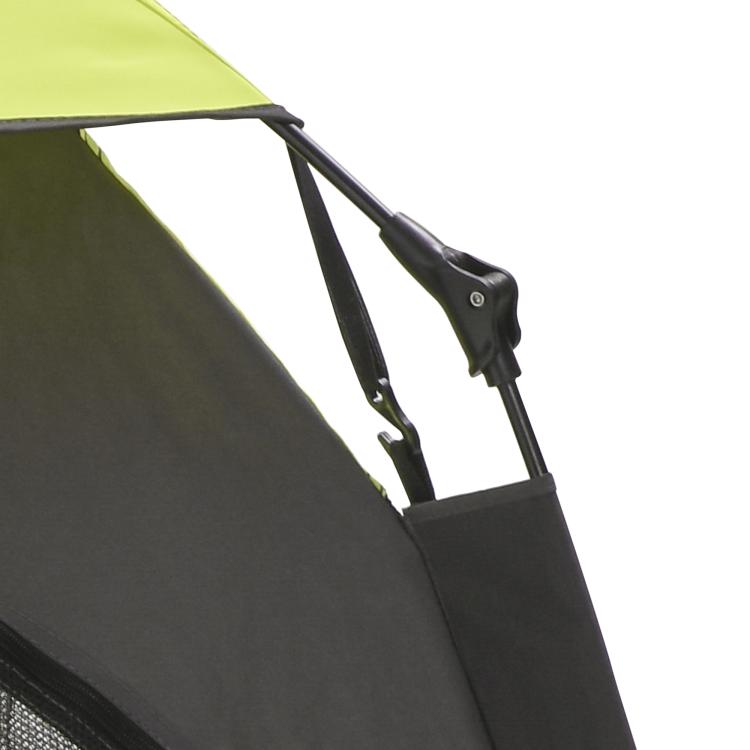 Portable pop-up dog tent frame and dark mesh door panel, green and black fabric