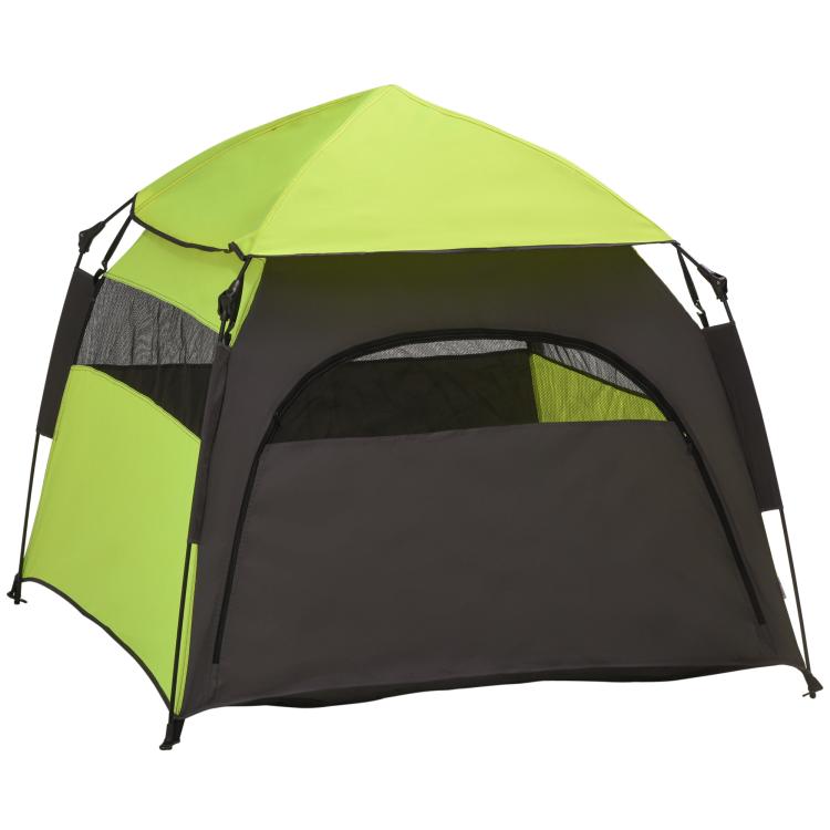 Portable pop-up pet tent with arched mesh door, lime green and black fabric