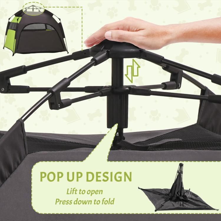 Pop-up dog tent frame with hand opening mechanism and foldable design