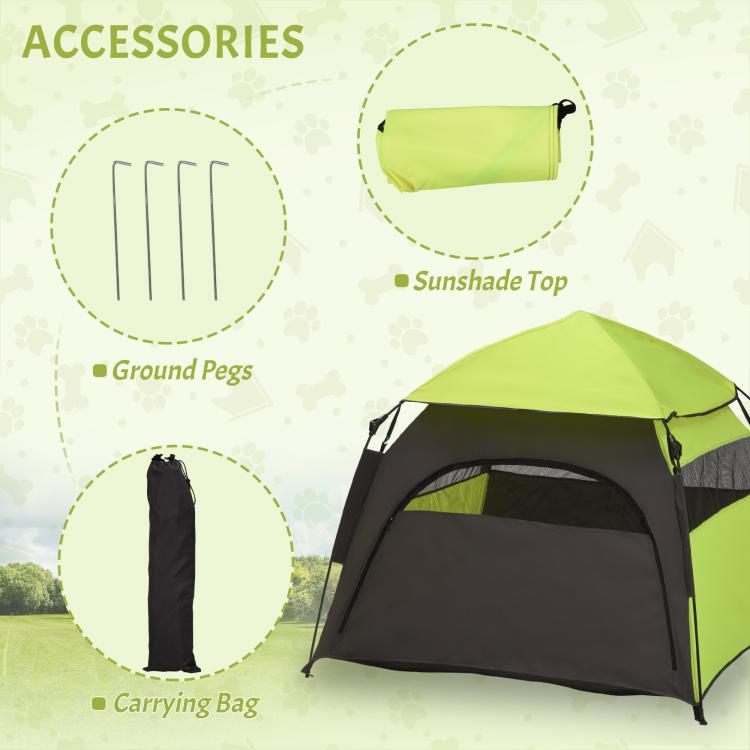 Accessories for green and black dog tent: carrying bag, ground pegs, and Sunshade Top