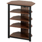 Brown 4-tier media stand with open shelves and black frame, angled view