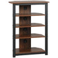 Brown wood 4-tier media stand with dark metal frame and circular cable holes