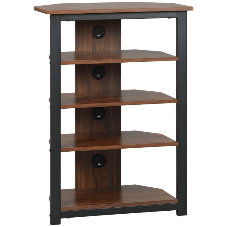 Brown wood 4-tier media stand with dark metal frame and circular cable holes