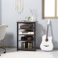 Brown 4-tier media stand with open shelves and black frame, tabletop audio on top