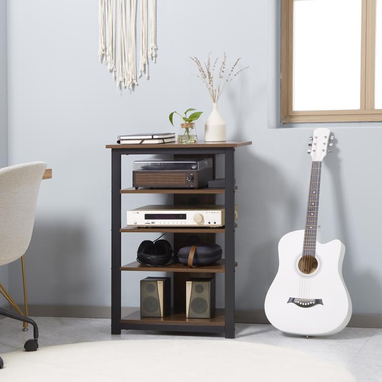 Brown 4-tier media stand with open shelves and black frame, tabletop audio on top