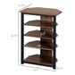 Brown 4-tier TV stand with black frame and four open shelves, side angle