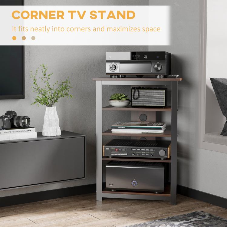 Brown 4-tier TV media stand with open shelves and black frame, set for AV gear
