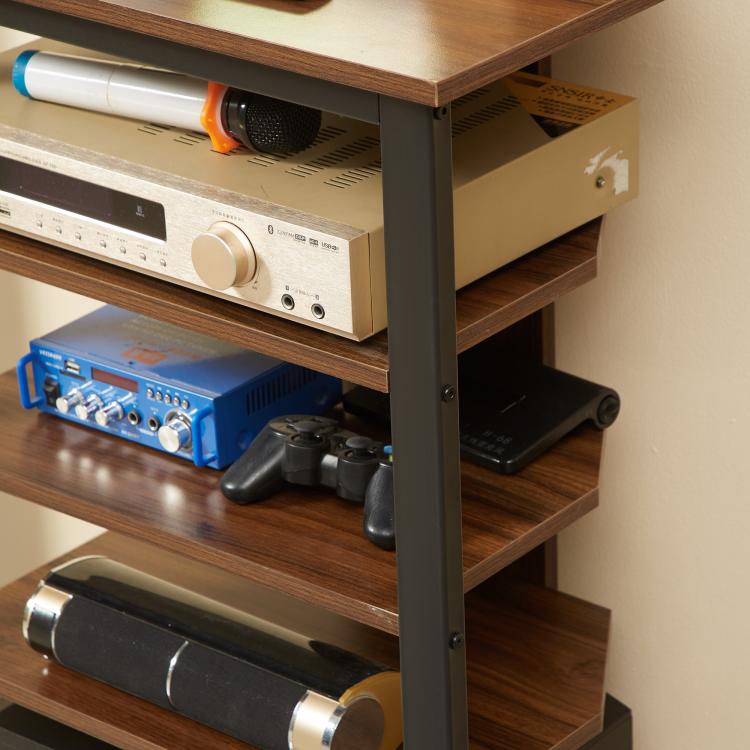 Brown 4-tier media stand close-up showing side cable port and open shelves