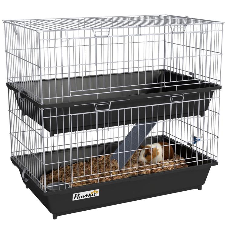 Black two-tier small animal cage with wire walls, ramp platform, and dual front doors