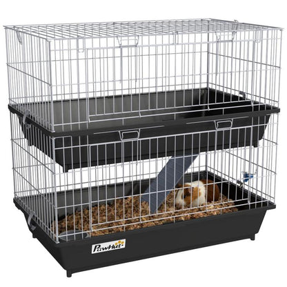 Black two-tier small animal cage with wire walls, ramp platform, and dual front doors