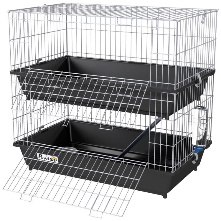 Two-level wire animal cage with black base, open front access, and water bottle