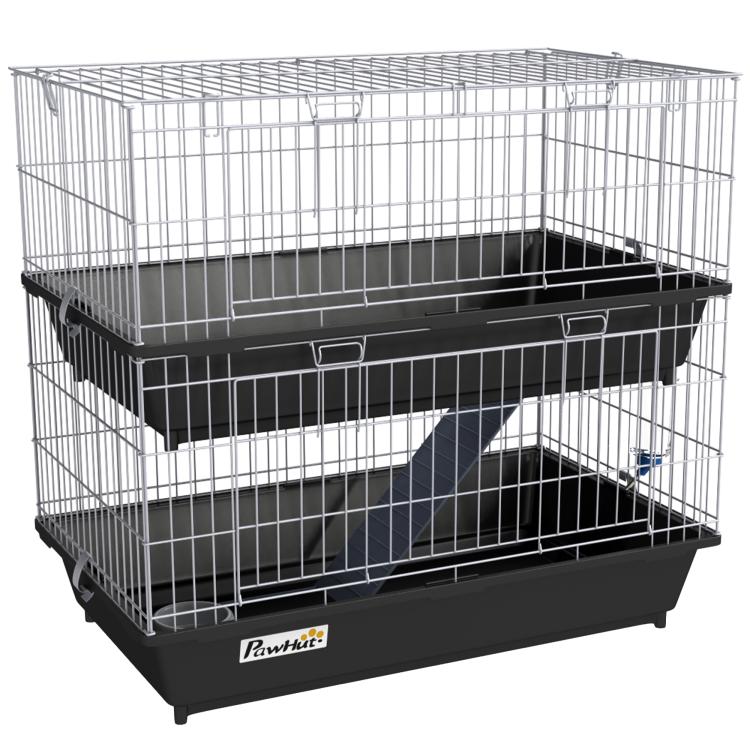 Two-tier wire pet cage with black plastic trays and two front access doors