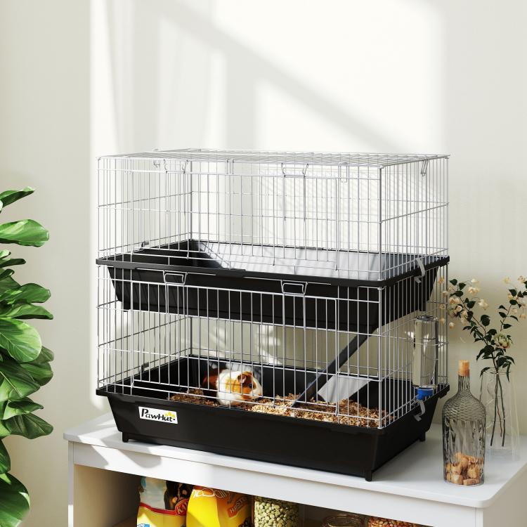 Black two-tier small animal cage with wire mesh sides, ramp, and water bottle