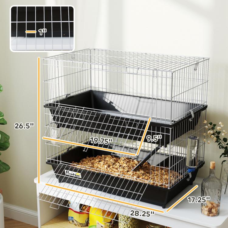Two-tier wire animal cage with black bases, ramp, and two front door openings