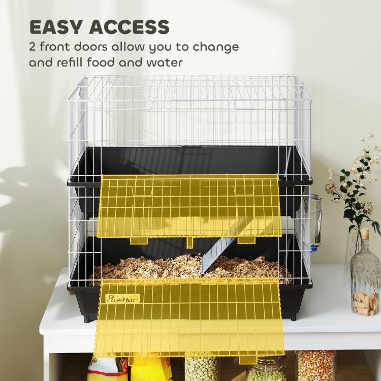 Two-tier wire animal cage with removable trays and dual front doors for easy access