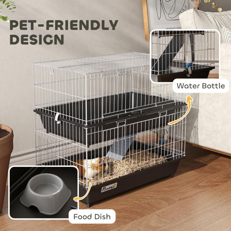 Two-tier wire animal cage with front doors, water bottle, and food dish attachment
