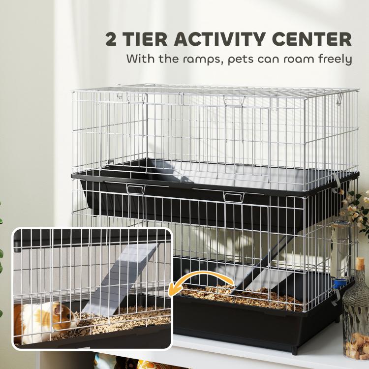 Two-tier wire animal cage with ramp and black bottom pans for small pets