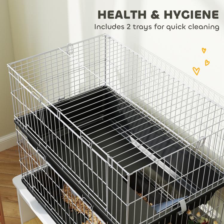 Two-tier wire animal cage with two removable trays for quick cleaning