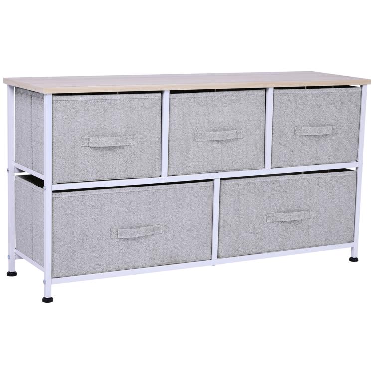 Light gray fabric drawer storage dresser with 5 bins and wood top, white frame.
