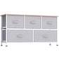 Light gray horizontal storage cube dresser with five fabric drawers and metal frame