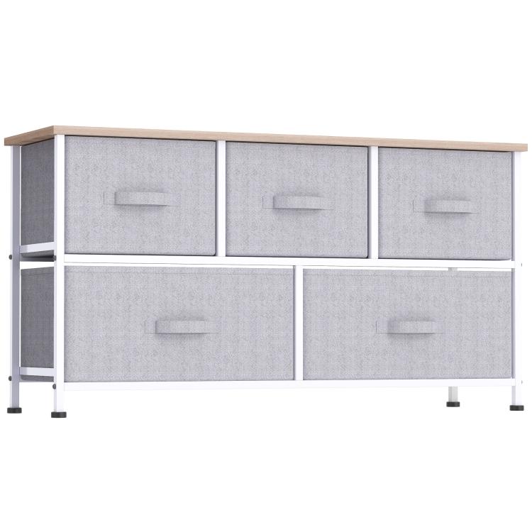 Light gray horizontal storage cube dresser with five fabric drawers and metal frame