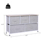 Light gray 5-drawer fabric storage dresser with wood top and legs, white frame.