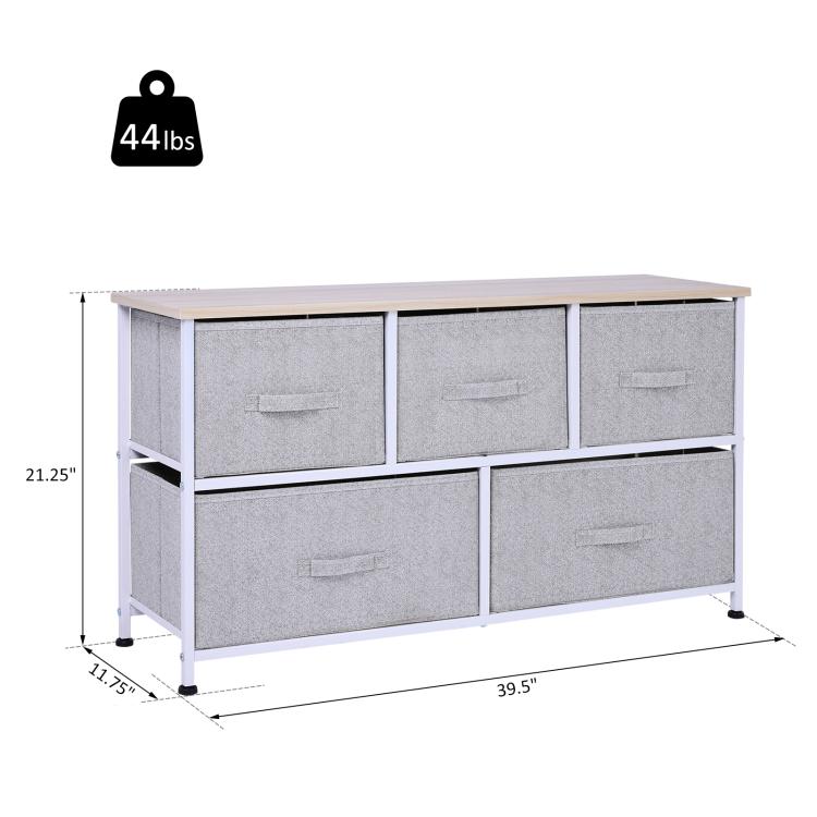 Light gray 5-drawer fabric storage dresser with wood top and legs, white frame.