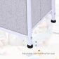 Adjustable non-marking foot pads on white frame of light gray fabric drawer dresser.