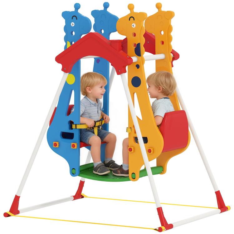 Kids indoor swing set with two seats, red roof, blue and yellow panels, safety belts