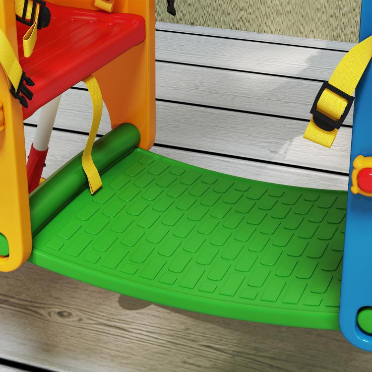 Kids indoor swing platform with green base and yellow safety belts for toddlers