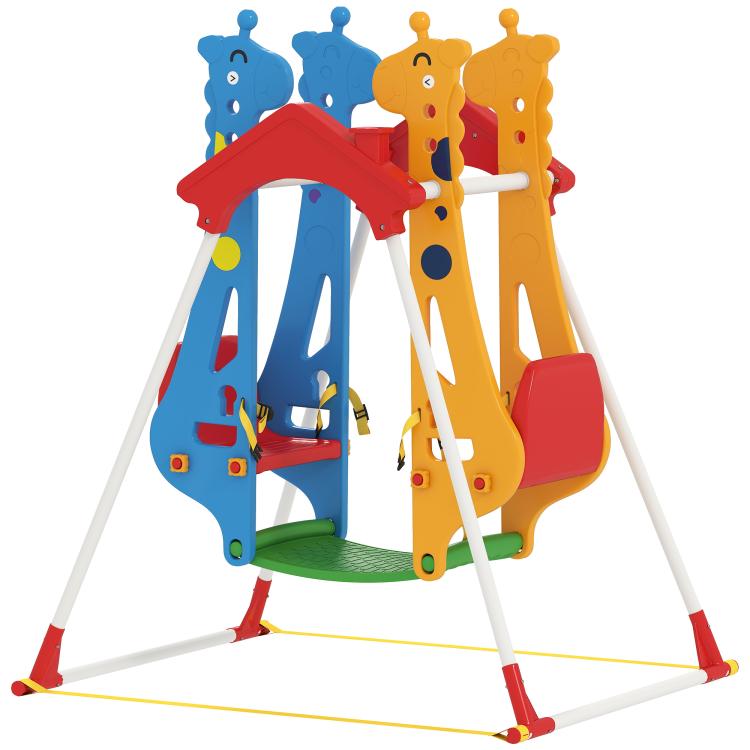 Kids indoor swing set with double seats, red, blue, and yellow frame with safety straps