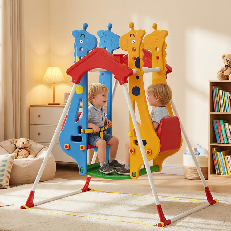 Kids indoor double-seat swing with red roof, blue and orange panels, children seated