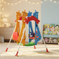 Kids indoor double-seat swing with red roof canopy, blue and orange side panels, wide base