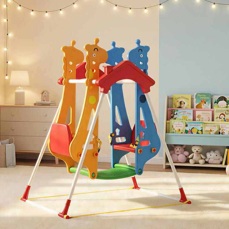 Kids indoor double-seat swing with red roof canopy, blue and orange side panels, wide base