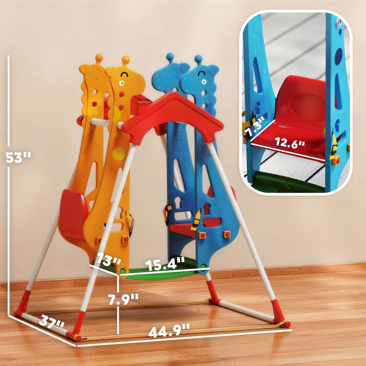 Kids indoor swing set with double seats and safety belts, red roof, blue and yellow towers