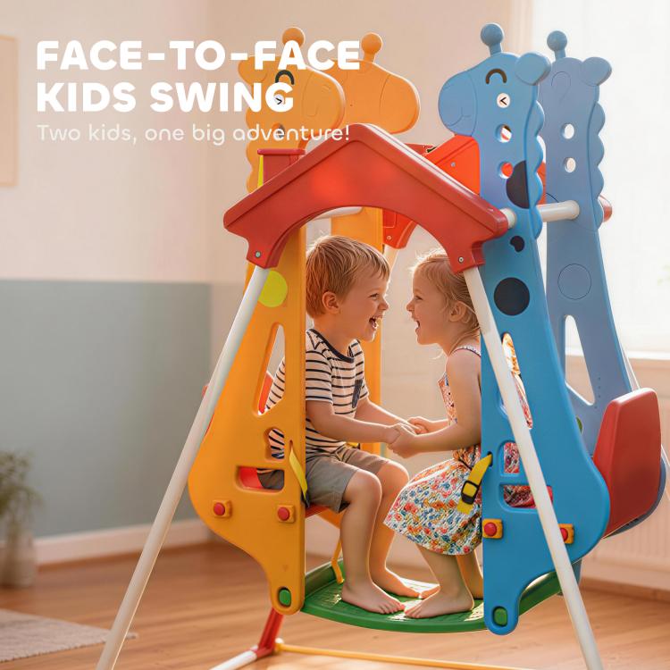Kids face-to-face swing with double seats, red roof canopy, blue and orange side panels