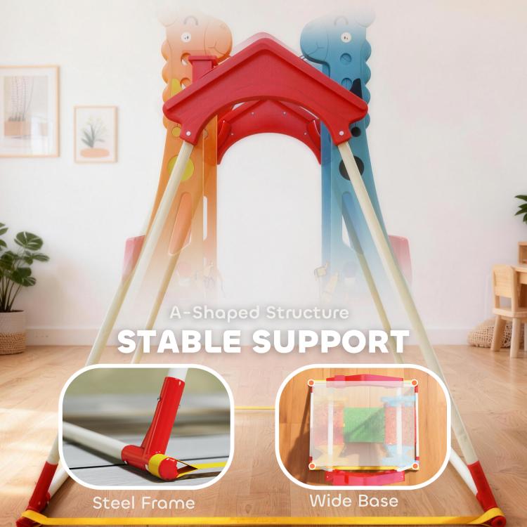 Kids indoor swing with A-frame supports and wide base, red roof, blue and orange panels