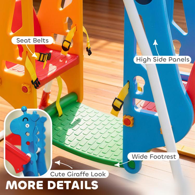 Kids swing with seat belts and wide footrest, red and blue panels, double-seat design